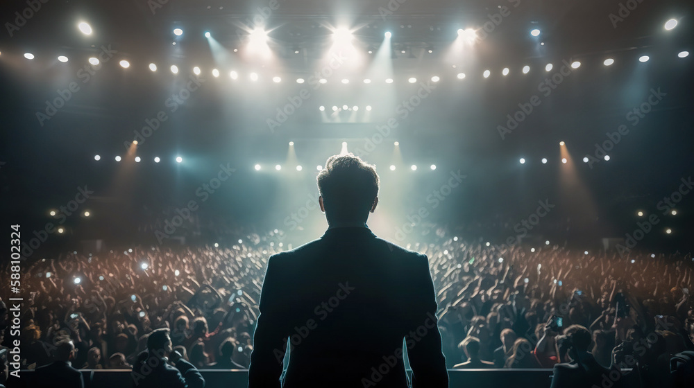 Back view of motivational speaker standing on stage in front of audience for motivation speech on conference or business event. Generative AI - obrazy, fototapety, plakaty 