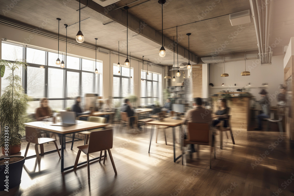 Long exposure shot of modern open space office with business people. Generative AI Long exposure shot of modern open space office with business people. Generative AI