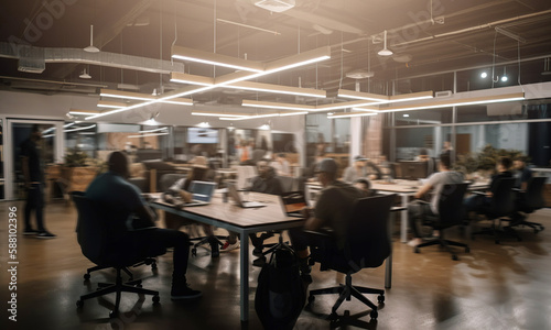 Long exposure shot of modern open space office with business people. Generative AI