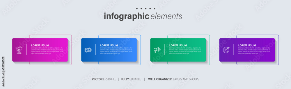 Four text box infographic elements. Business template for presentation. Vector concept with 4 options or steps.
