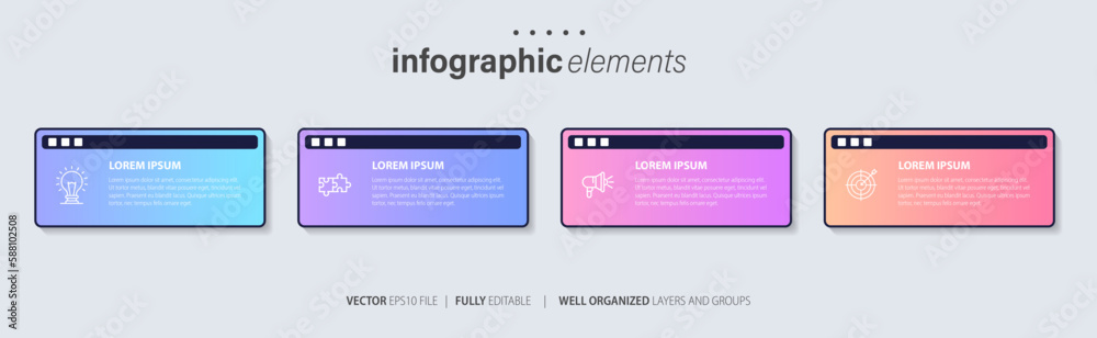 Four text box infographic elements. Business template for presentation. Vector concept with 4 options or steps.
Four text box infographic elements. Business template for presentation. Vector concept with 4 options or steps.