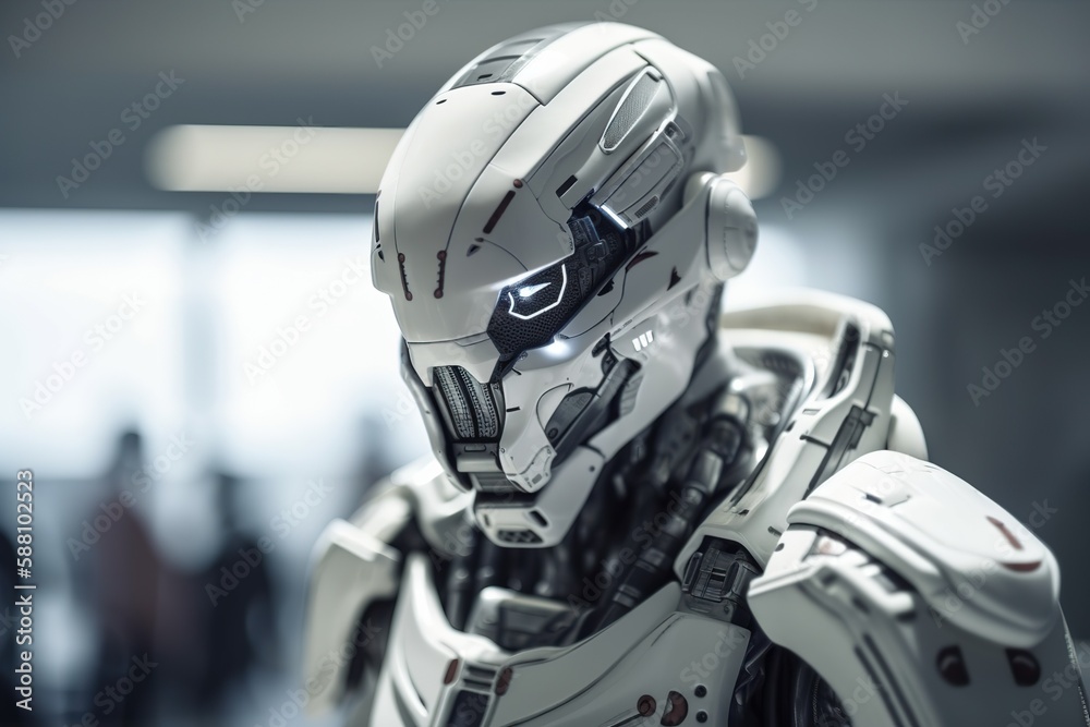 Futuristic businessman robot working in office, portrait of corporate cyborg. Generative AI Futuristic businessman robot working in office, portrait of corporate cyborg. Generative AI