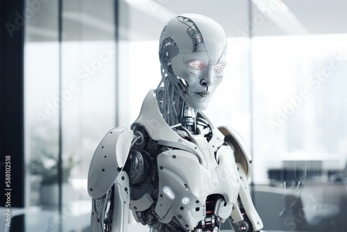 Futuristic businessman robot working in office, portrait of corporate cyborg. Generative AI © iridescentstreet