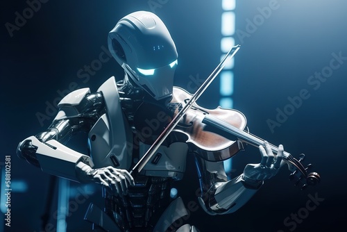 Futuristic robot playing violin on stage, replacing human job with ai musician. Generative AI