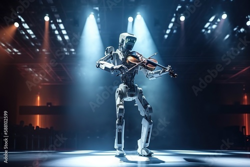 Futuristic robot playing violin on stage, replacing human job with ai musician. Generative AI © iridescentstreet