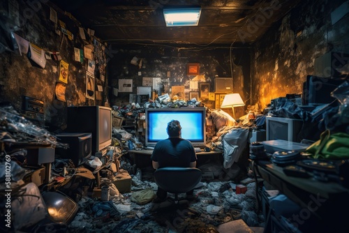 Video game addiction. Back view of man sitting in front of computer with trash and mess in the room  playing video games online. Generative AI