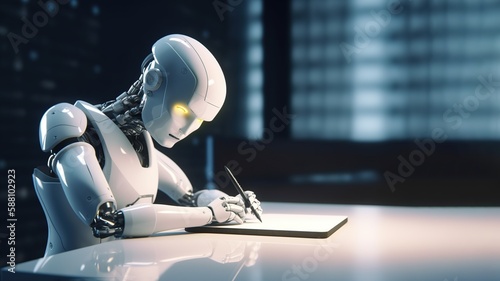 ChatGPT writing article or essay, futuristic robot assistant with pen replacing human, chat bot helping with homework. Generative AI