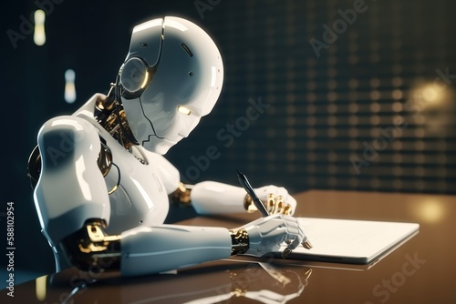 ChatGPT writing article or essay, futuristic robot assistant with pen replacing human, chat bot helping with homework. Generative AI photo