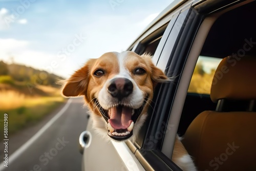 Funny happy dog peeking out of window of car on summer road trip, concept of travel with pet. Generative AI © iridescentstreet