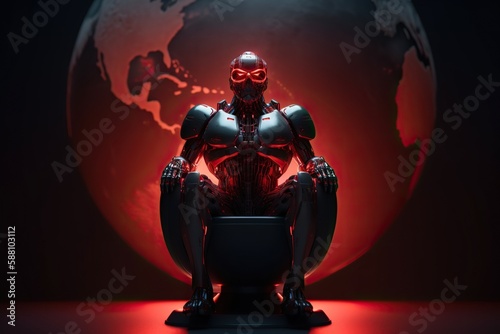 AI takeover concept. Evil robot rules the world, sitting on red throne, nightmare scenario when dangerous artificial intelligence controls planet Earth. Generative AI photo