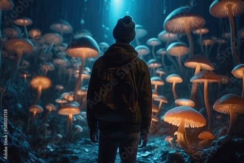 Man walking by magical night forest with huge colorful glowing magic mushrooms. Generative AI