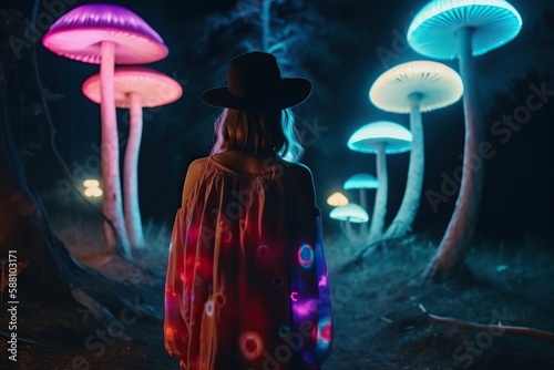 Young woman in luminous dress walking by magical night forest with huge colorful glowing magic mushrooms. Generative AI