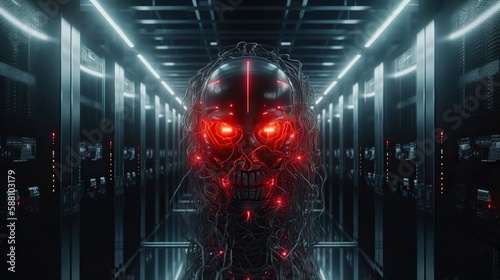 Evil robot head with glowing red eyes in data center. Danger of strong AI  threat to humanity  future risk of bad scenario  creating dangerous ASI  scary AGI superintelligence. Generative AI