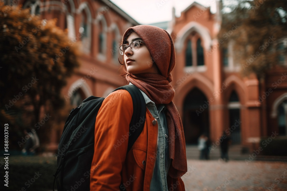 University, Muslim and campus student walking, generative ai University, Muslim and campus student walking, generative ai