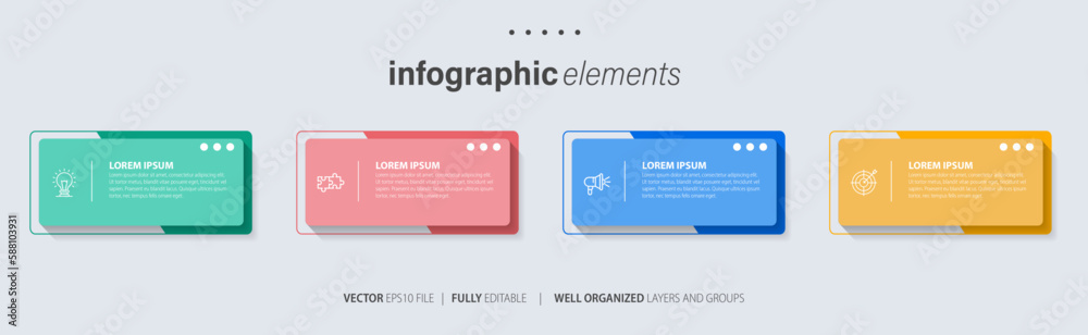 Four text box infographic elements. Business template for presentation. Vector concept with 4 options or steps.
