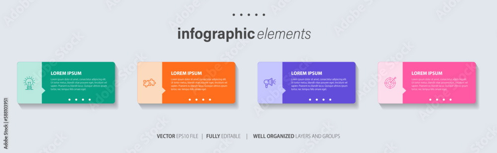 Four text box infographic elements. Business template for presentation. Vector concept with 4 options or steps.
Four text box infographic elements. Business template for presentation. Vector concept with 4 options or steps.