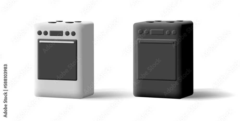3d set of ovens with gas hob. White and black design. For cooking. Image on a light background. 3d set of ovens with gas hob. White and black design. For cooking. Image on a light background.