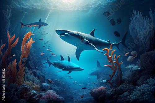 Animals of the underwater sea world. Ecosystem. Colorful tropical fish. Life in the coral reef. AI Generated