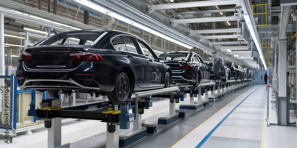 Car production conveyor, concept of Manufacturing process and Assembly line, created with Generative AI technology