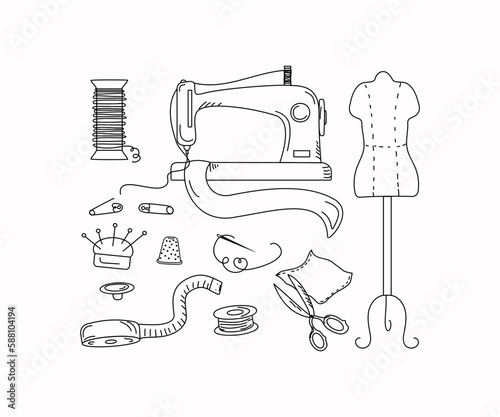Sewing accessories doodle style. Handmade, set with elements of a sewing machine, threads, needles, dummy, scissors, sketch, drawing. 
 Tailor's mannequin. Vector illustration.	