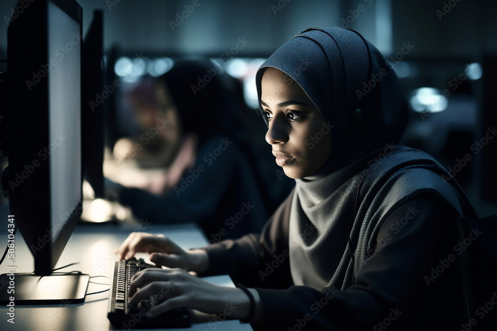 female muslim coder student developing programming on computer screen, generative ai female muslim coder student developing programming on computer screen, generative ai