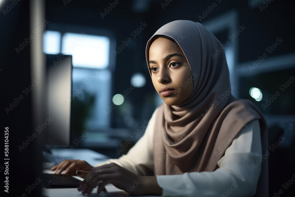 female muslim coder student developing programming on computer screen, generative ai female muslim coder student developing programming on computer screen, generative ai