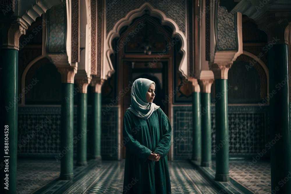Naklejka premium Women beatiful In Mosque, Generative Ai