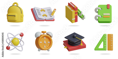 education 3D vector icon set.
backpack,lecture book pencil,books,lecture,atomic,alarm clock,graduation cap and book,ruler