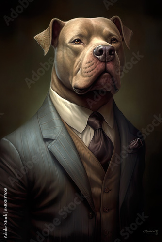 Painterly portrait of an american pit bull dog in a coat and tie suit, ai generated.  (ID: 588104586)