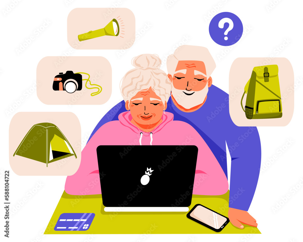 Elderly couple chooses products online for hiking. Internet shopping at computer. Ordering goods, paying for purchase with credit card on the website. Old Woman with laptop sitting at desk. Vector. Elderly couple chooses products online for hiking. Internet shopping at computer. Ordering goods, paying for purchase with credit card on the website. Old Woman with laptop sitting at desk. Vector.