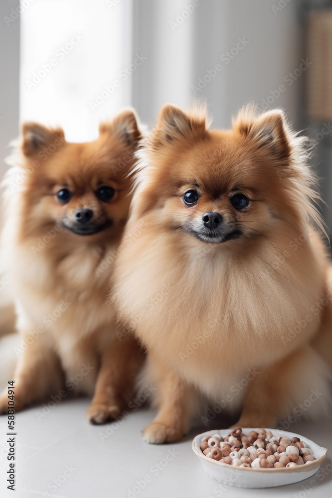 Two Curious Pomeranians spitz dog looking at the camera in home. Adorable pet. Waiting for the over. Dog food. At an appointment with a veterinarian. Love for animals. generative ai Two Curious Pomeranians spitz dog looking at the camera in home. Adorable pet. Waiting for the over. Dog food. At an appointment with a veterinarian. Love for animals. generative ai