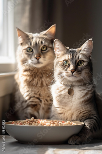 Two funny cats looking at the camera in home. Adorable pet. Waiting for the over. Cats food. At an appointment with a veterinarian. Love for animals. generative ai 