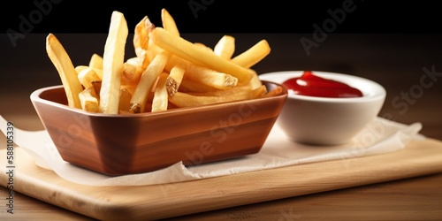 Appetizing french fries with sauce in wooden dish in natural light, created with Generative AI technology