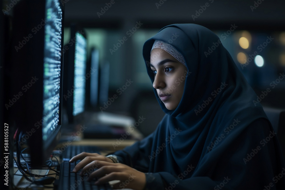 female muslim coder student developing programming on computer screen, generative ai female muslim coder student developing programming on computer screen, generative ai