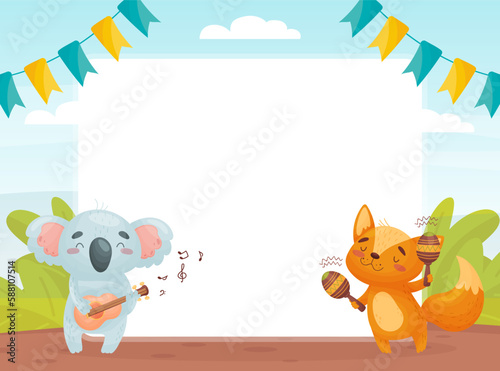 Empty Card with Koala and Fox Playing Musical Instrument Vector Template