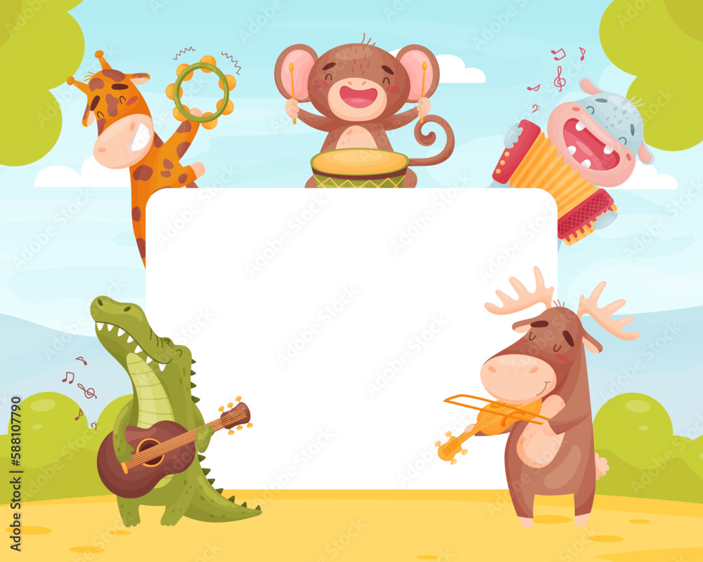 Obraz premium Empty Card with Animals Playing Musical Instrument Vector Template