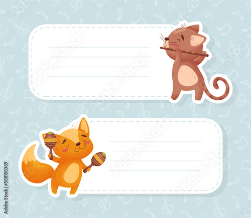 Empty Card with Fox and Cat Playing Musical Instrument Vector Template