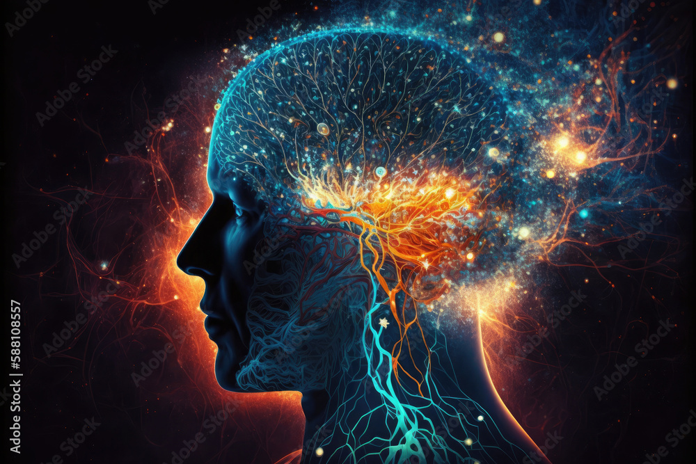 Astral body woman silhouette bust at abstract space background neural network AI generated art