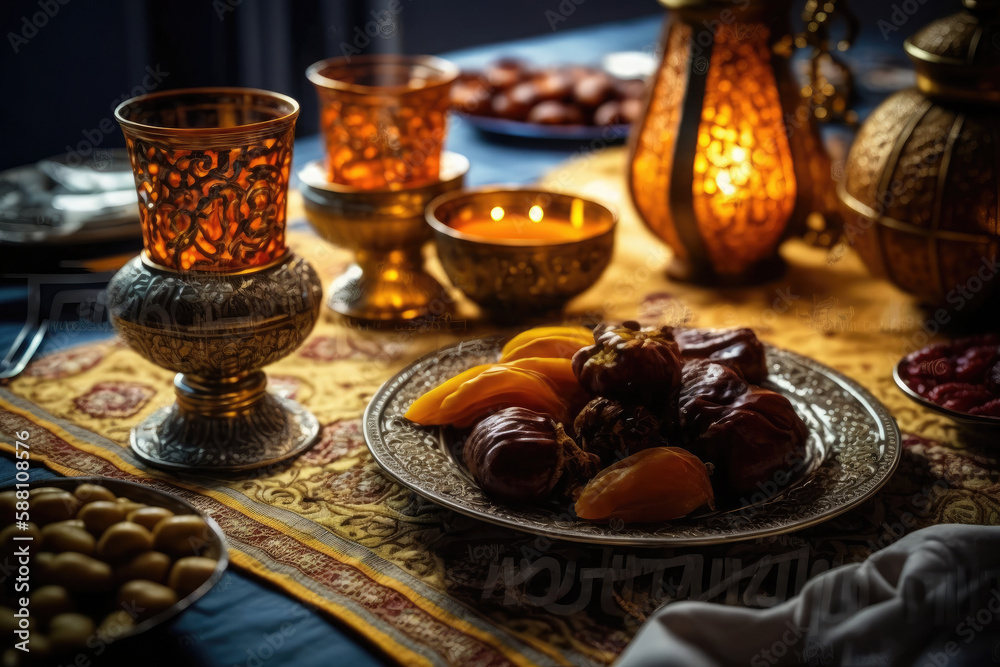 Close up variety of table with arabic food during iftar meal on ramadan AI generated Close up variety of table with arabic food during iftar meal on ramadan AI generated