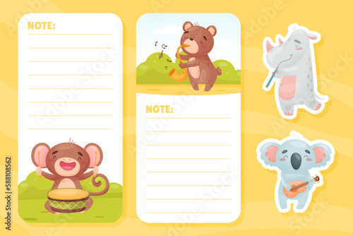 Empty Note Card with Animal Playing Musical Instrument Vector Template