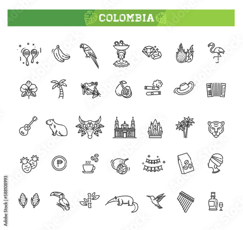 Set of colombia icons. Line art style icons bundle. vector illustration