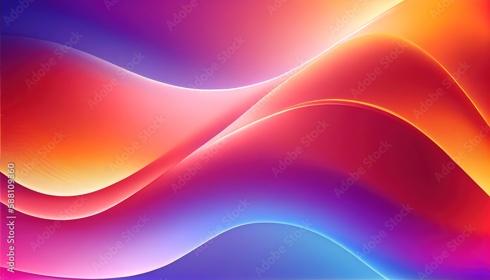 Fototapeta premium Abstract Shiny neon glass translucent wavy composition with gradient transition, elegant clean background - generative AI.