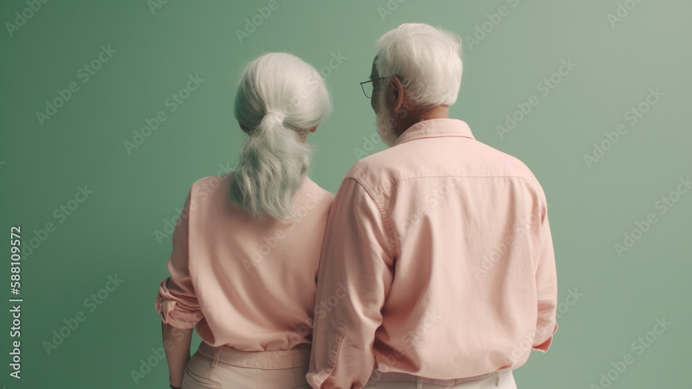 Happy white senior couple in love, pink pastel colors with Generative AI.