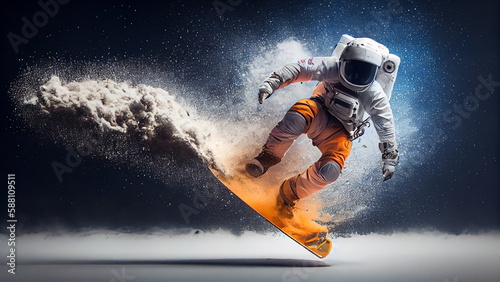 astronaut doing a skateboard. trick in the air. pastel color background with Generative AI. photo