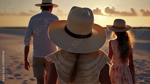 Happy family with sun hat walking in the sand at the tropical sunset beach with Generative AI.