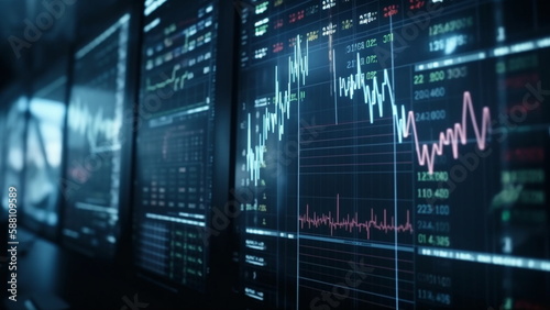 Monitor of stock market report. display, information, datum, stock exchange, investment, stock, market, technology, digital, business, finance. (Generative AI) 