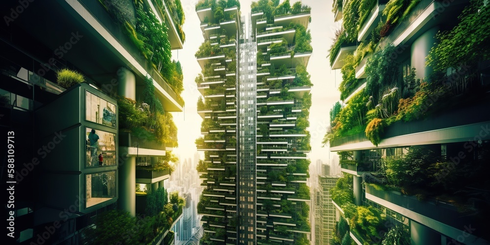 Futuristic vertical farm with plants growing on skyscraper walls in ...