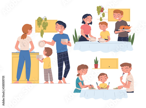 Family in the Kitchen Eating Meal and Serving Dinner at Table Vector Set
