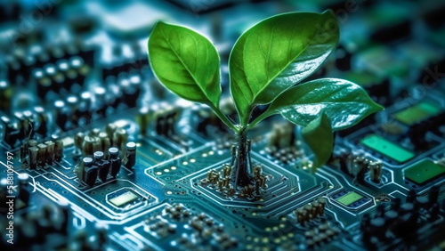 Plant shoots on the motherboard background with Generative AI.