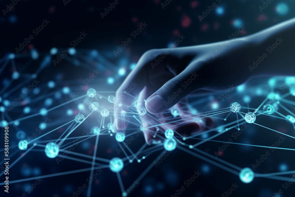 Naklejka premium digitalization, human hand touching the digital network, Generative AI